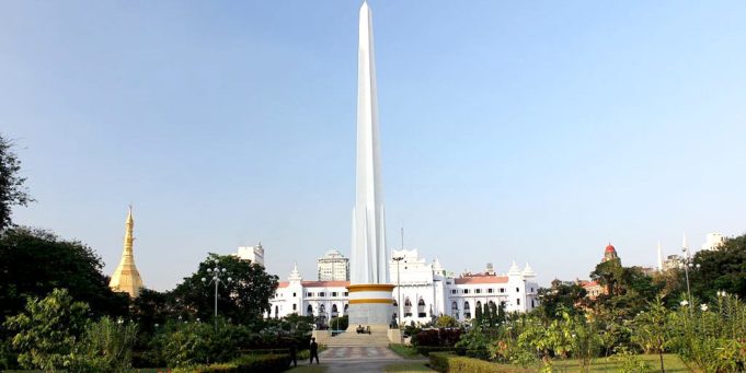 Stone Pillar of Independence in Yangon, Myanmar.